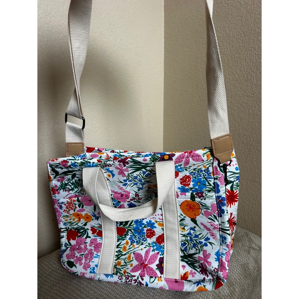 Floral Canvas Tote Bag Multi-Color Botanical Print Crossbody Handbag Organizer